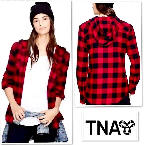 Aritzia TNA Brewster Boyfriend Hooded Buffalo Plaid Flannel Shirt Shaket M Red - Picture 1 of 16
